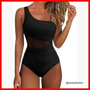 Mesh One Shoulder One Piece Swimsuit Tummy Control Bathing Suit